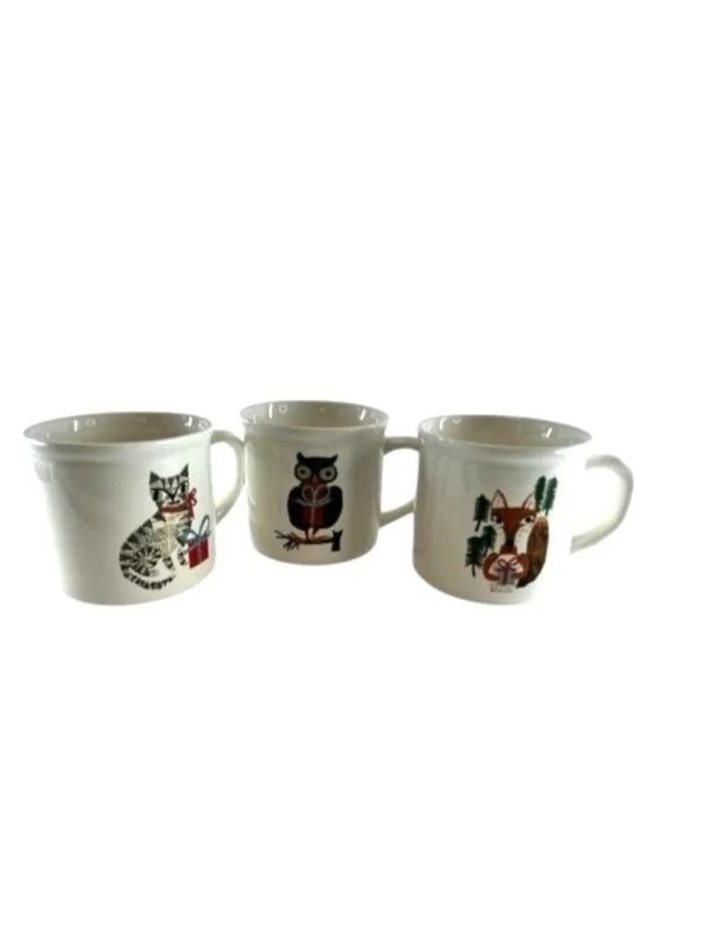 3 POTTERY BARN DENISE FIEDLER WHIMSICAL CAT,FOX & OWL MUGS -A FUN TASTE OF NATUR